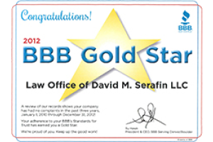 Badge - 2012 BBB Gold Star Certificate - Law Office of David M Serafin LLC